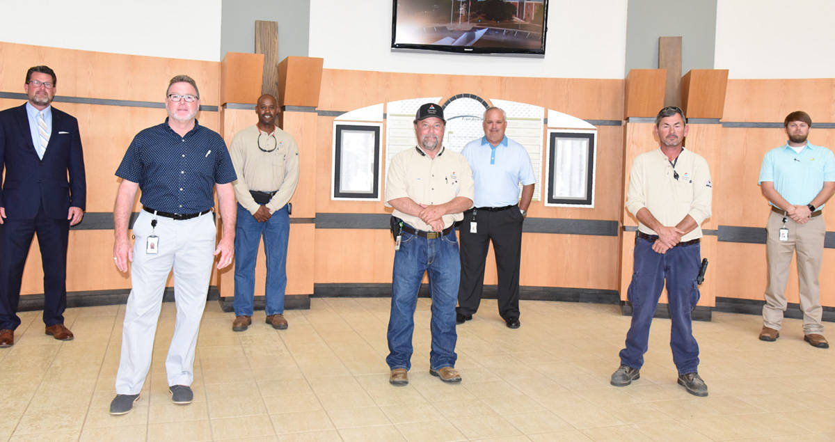 South Georgia Technical College President Dr. John Watford is shown above (l to r) with Georgia Power Officials visiting the South Georgia Technical College Americus campus and the Electrical Lineworker program. They include Georgia Power local Manager Don Porter, Distribution Supervisor Robert Lofton, Safety and Health Advisor Barry Forrest, Distribution Operating Manager Shane Ammons, Distribution Supervisor Jason McInvale, and Engineering Supervisor Justin Lee.