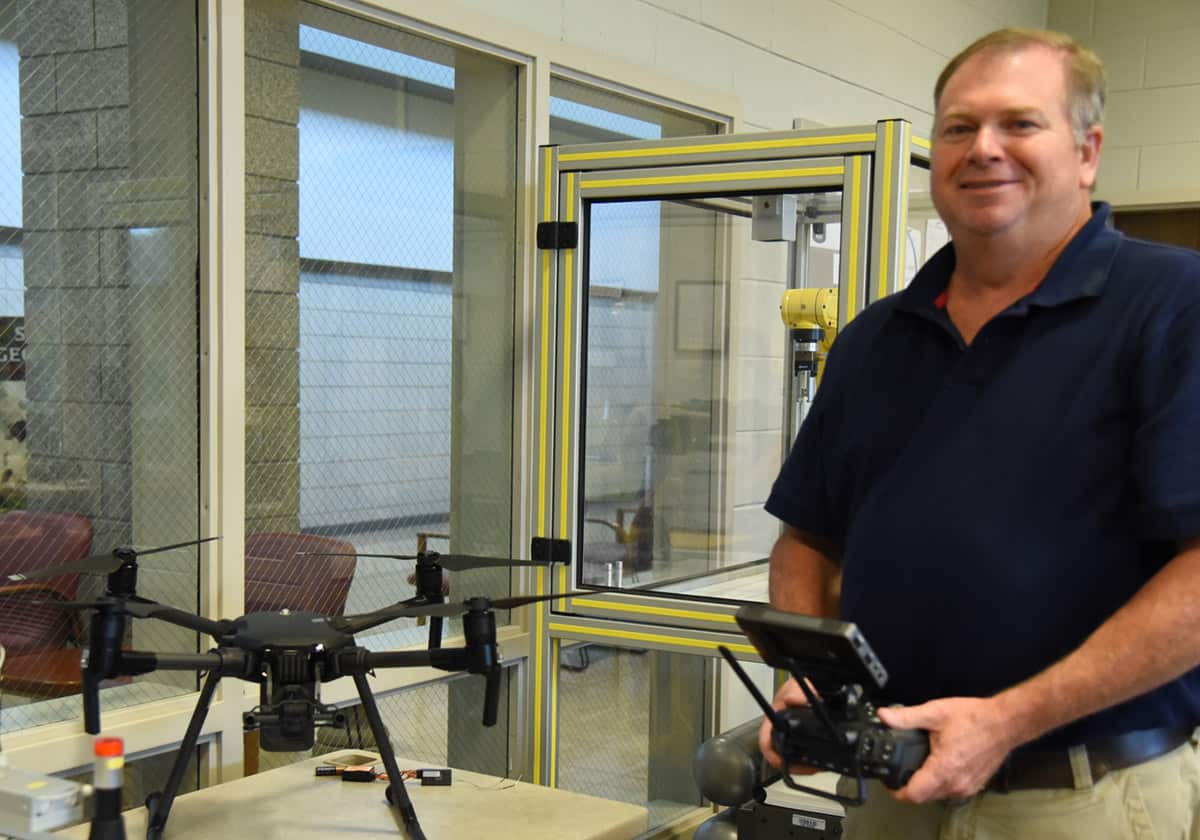 SGTC Electronics Instructor Mike Collins is shown above with one of the drones that he will be utilizing while teaching the new Unmanned Aerial Systems Technology program this fall.