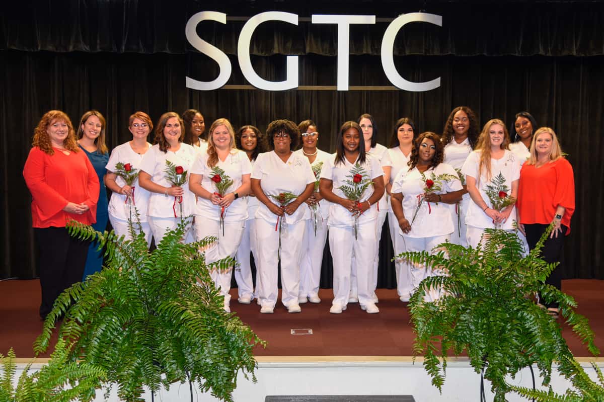 Pictured are the graduates of SGTC’s LPN program with their instructors (l-r) Jennifer Childs, Leeandra Ward, and Christine Rundle.