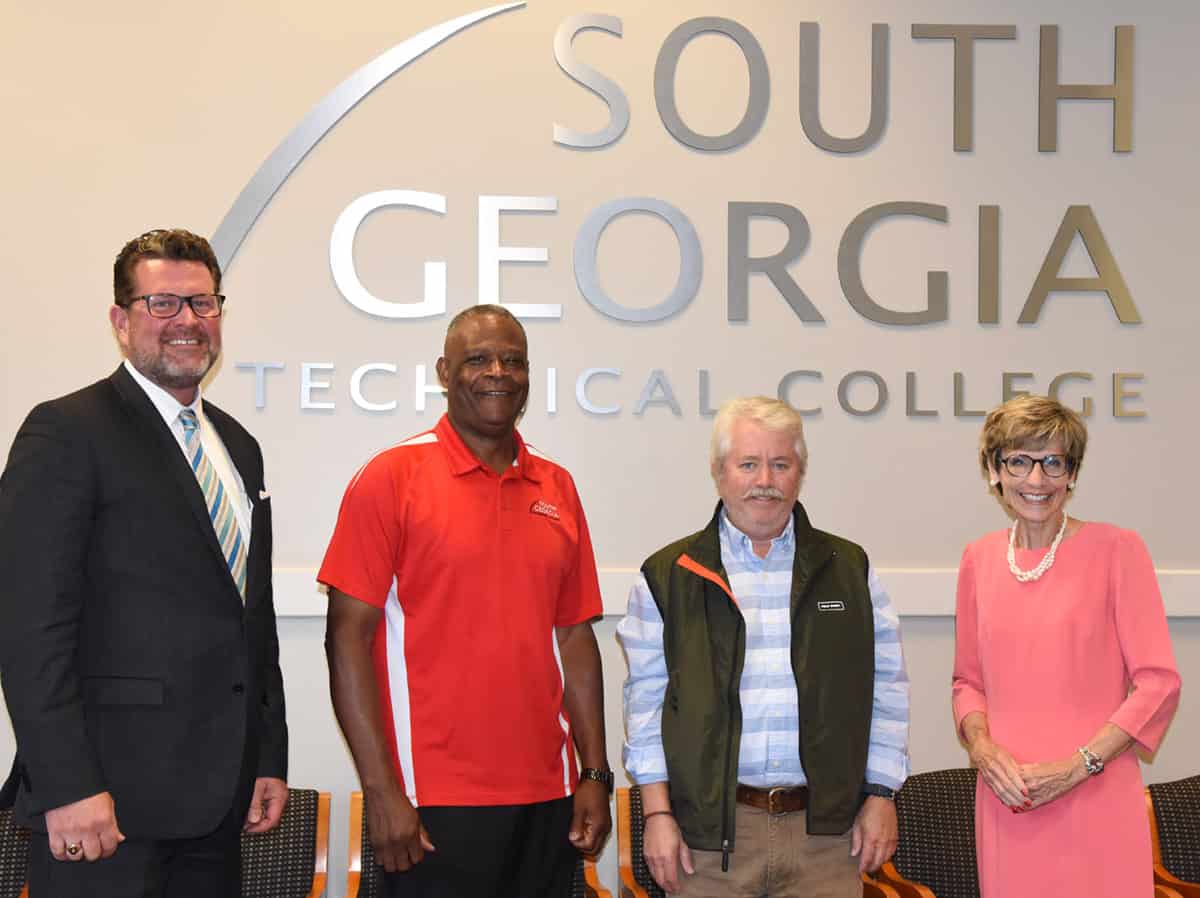 South Georgia Technical College President Dr. John Watford (l), is shown above with SGTC Board members Michael Coley and Grant Buckley who underwent TCDA training recently conducted by TCDA Executive Director Adie Shimandle (right).