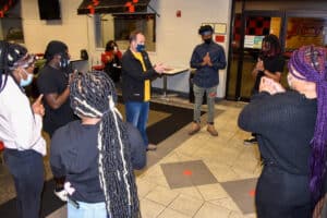 Jeremy Wicker of GSW leads SGTC students in a group activity during a recent meeting for students interested in joining the SGTC orientation team.