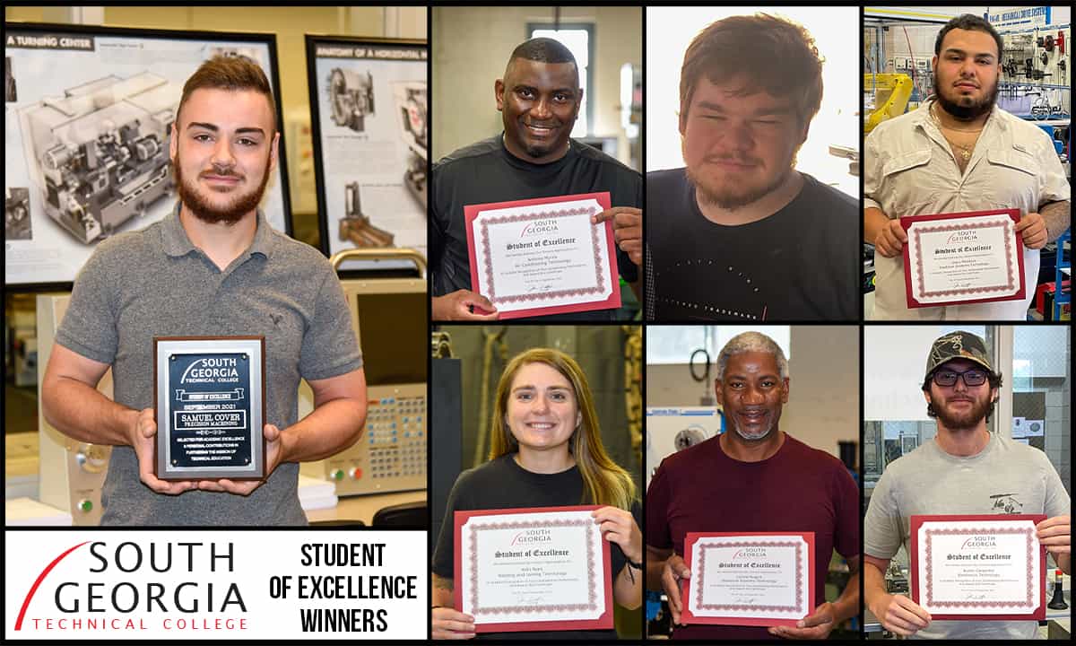 SGTC Student of Excellence overall winner Samuel Cover (left) and nominees (top row) Antonio Myrick, Christopher Stephan, Jesus Mendoza, (bottom row) Kelli Rees, Lonnie Rogers, and Austin Carpenter.
