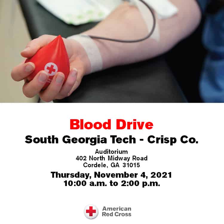 South Georgia Technical College will host a blood drive on Thursday, November 4, in Cordele.
