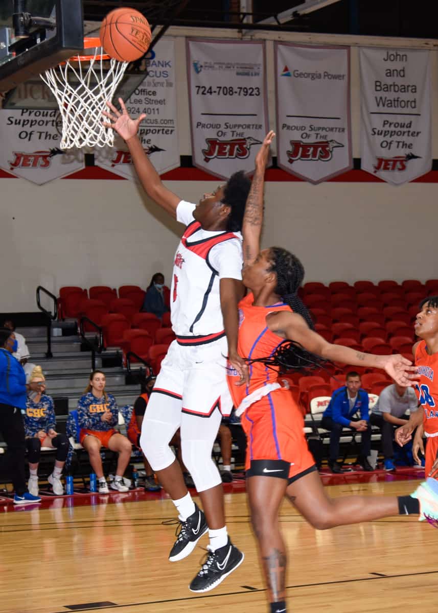 Alexia Dizeko of the SGTC Lady Jets goes up for a score. Dizeko led the team with 21 points as the Lady Jets fell to Georgia Highlands for their first loss on the season.