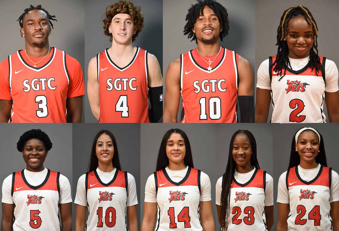 Shown above on the top row are the SGTC Jets and Lady Jets sophomores who earned individual recognition this week in the NJCAA rankings. Shown (l to r) are Jalen Reynolds (3), Will Johnston (4), Marvin McGhee, III, (10), and Maikya Simmons (2). On the bottom row are freshmen, Alexia Dizeko (5), Susan Posada Yepes (10), Laurie Calixte (14), Fanta Gassama (23), and Camryn James (24).