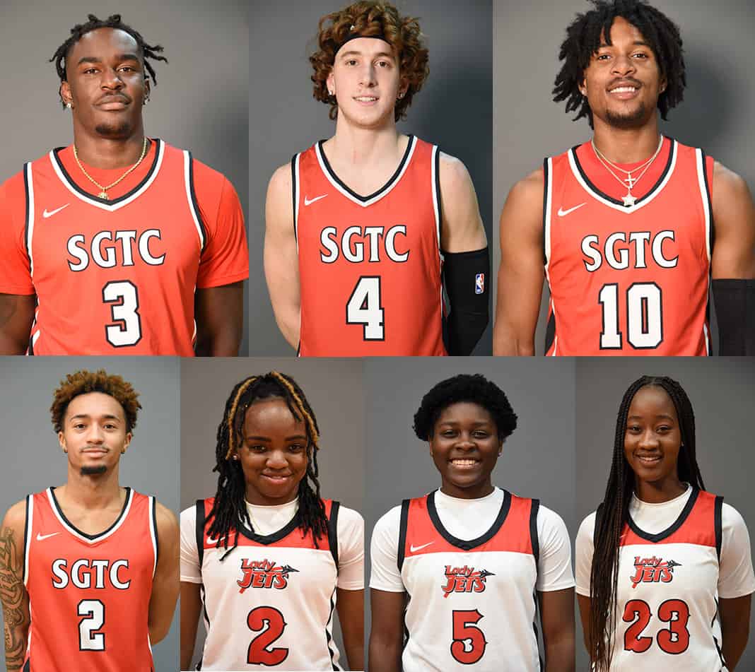 Shown above on the top row are the SGTC Jets and Lady Jets sophomores who earned individual recognition this week in the NJCAA rankings. Shown (l to r) on the top row are Jalen Reynolds (3), Will Johnston (4), and Marvin McGhee, III, (10). Justice Hayes (2), Maikya Simmons (2), Alexia Dizeko (5), and Fanta Gassama (23) are shown on the bottom row (l to r).