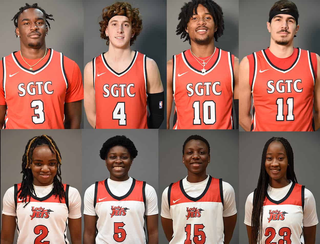 Shown above on the top row are the SGTC Jets and Lady Jets sophomores who earned individual recognition this week in the NJCAA rankings. Shown (l to r) on the top row are Jalen Reynolds (3), Will Johnston (4), Marvin McGhee, III, (10) and Matija Milivojevic (11). Maikya Simmons (2), Tena Ikidi (15), Alexia Dizeko (5), Fanta Gassama (23) are shown on the bottom row (l to r).