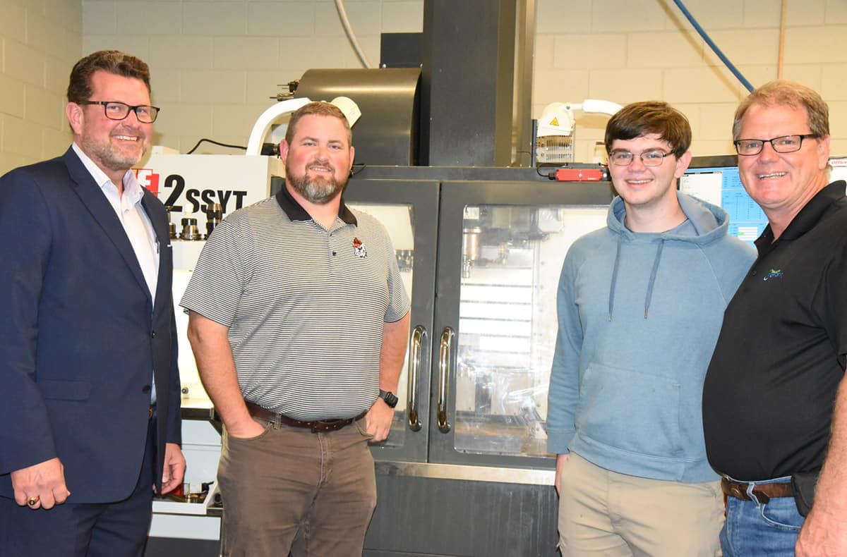 South Georgia Technical College President Dr. John Watford is shown above with SGTC Precision Machining and Manufacturing Instructor Chad Brown and Mitchell and Greg Turton, Owner/President of Southern Fiber Worx in Cordele. Dr. Watford and Brown were showing the Turton’s SGTC five-axis CNC Milling machine by Haas Automation in the Precision Machining and Manufacturing lab.