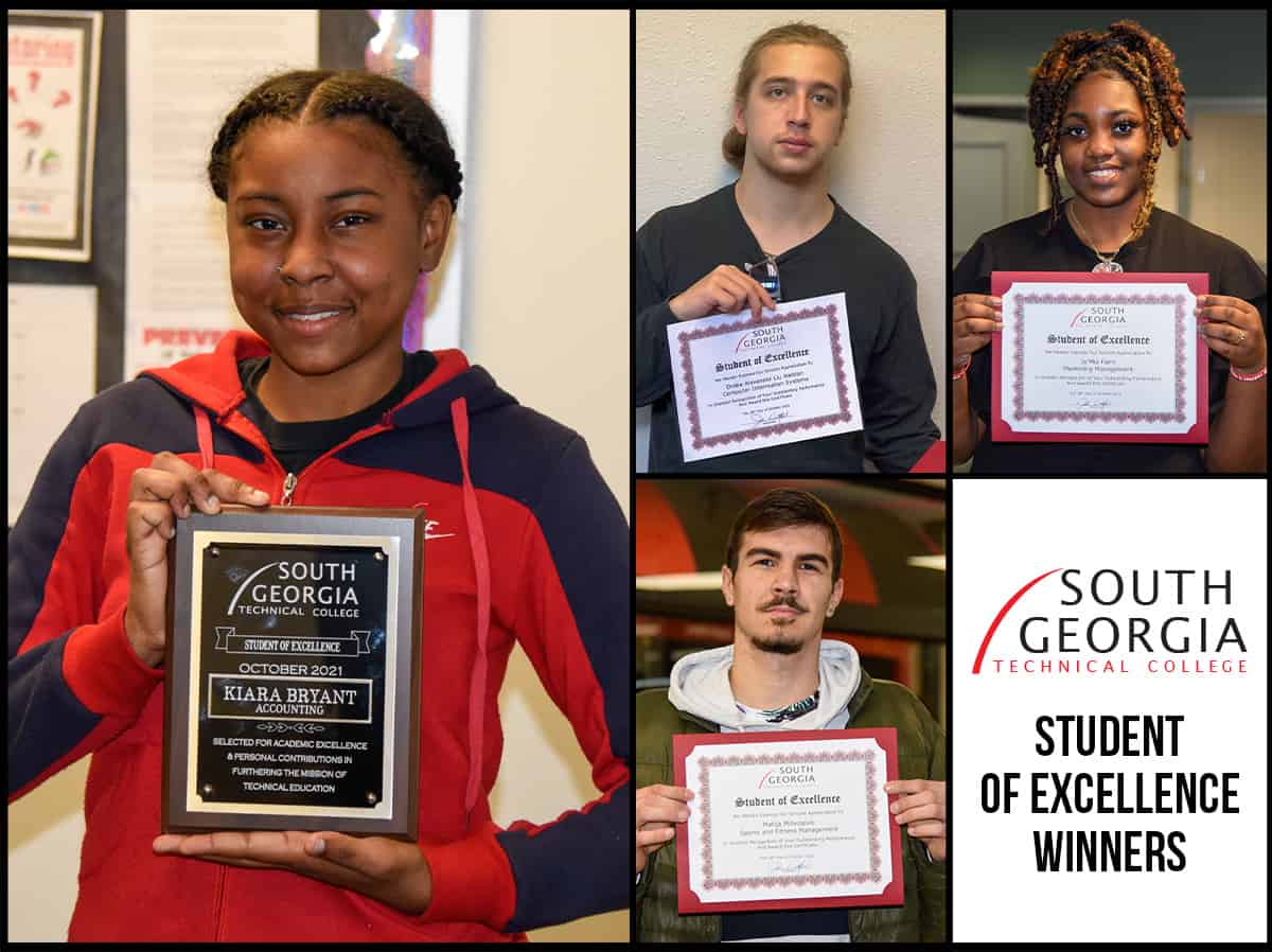 SGTC Student of Excellence overall winner Kiara Bryant (left) and nominees (top, l-r) Drake Weldin, Jy’Mia Fann, and (bottom) Matija Milivojevic.