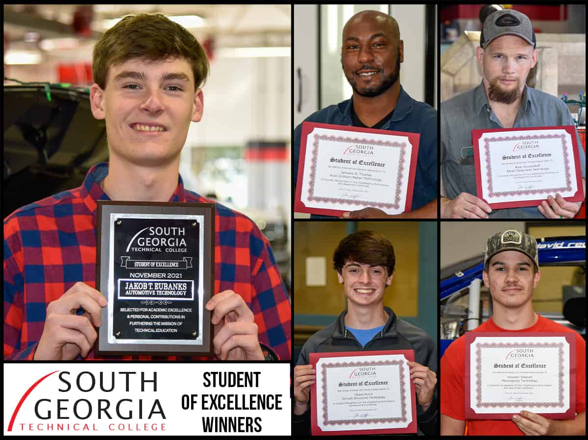 SGTC Student of Excellence overall winner Jakob Eubanks (left) and nominees (top row) Jamaine Thomas, Ryan Bruckerhoff, (bottom row) Chase Norris and Houston Stewart.