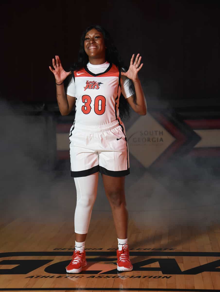 Kamya Hollingshed, 30, a sophomore shooting guard from Locust Grove, GA, was the top scorer for the Lady Jets against Albany Tech with 26 points.
