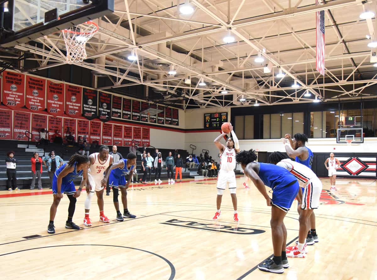 Marvin McGhee, III, (10) is shown above hitting a foul shot with 1.3 seconds remaining to lift the Jets to an 86 – 85 win over the defending GCAA champion South Georgia State College Hawks.
