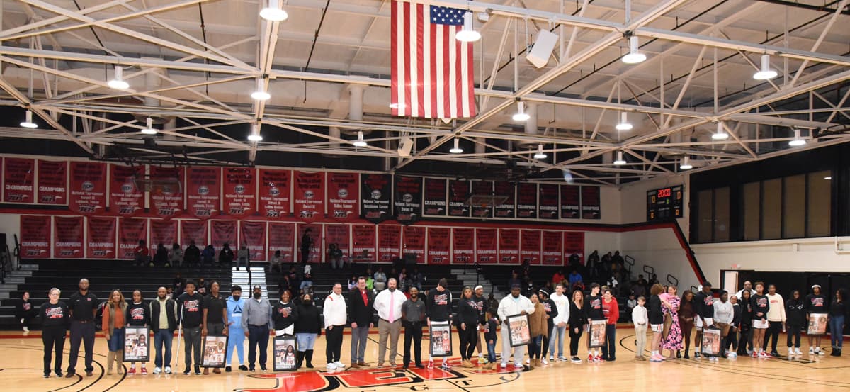 Shown above are the SGTC Jets and Lady Jets players and their families that were honored between the basketball games as part of the SGTC Alumni/Sophomore Day celebration.