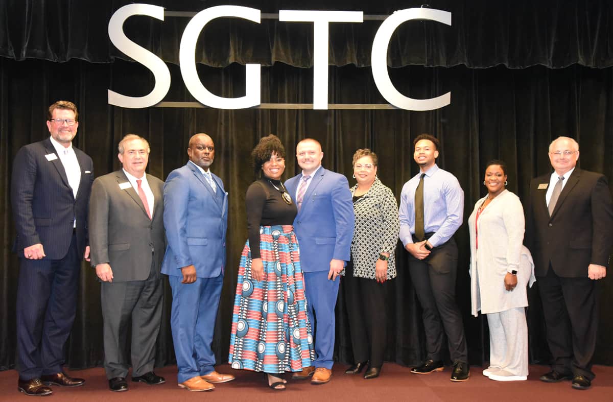 South Georgia Technical College President Dr. John Watford (left) is shown above with the SGTC Black History Celebration program participants. They were: SGTC Director of Business and Industry Services Paul Farr, SGTC Auto Collision Repair and 2022 Teacher of the Year Starlyn Sampson, Amber and Rowdy Batchelor, SGTC Executive Assistant to the President Teresa O’Bryant, SGTC 2022 GOAL winner Zakyah Cameron, Shannon Jones, and SGTC Academic Dean David Finley.