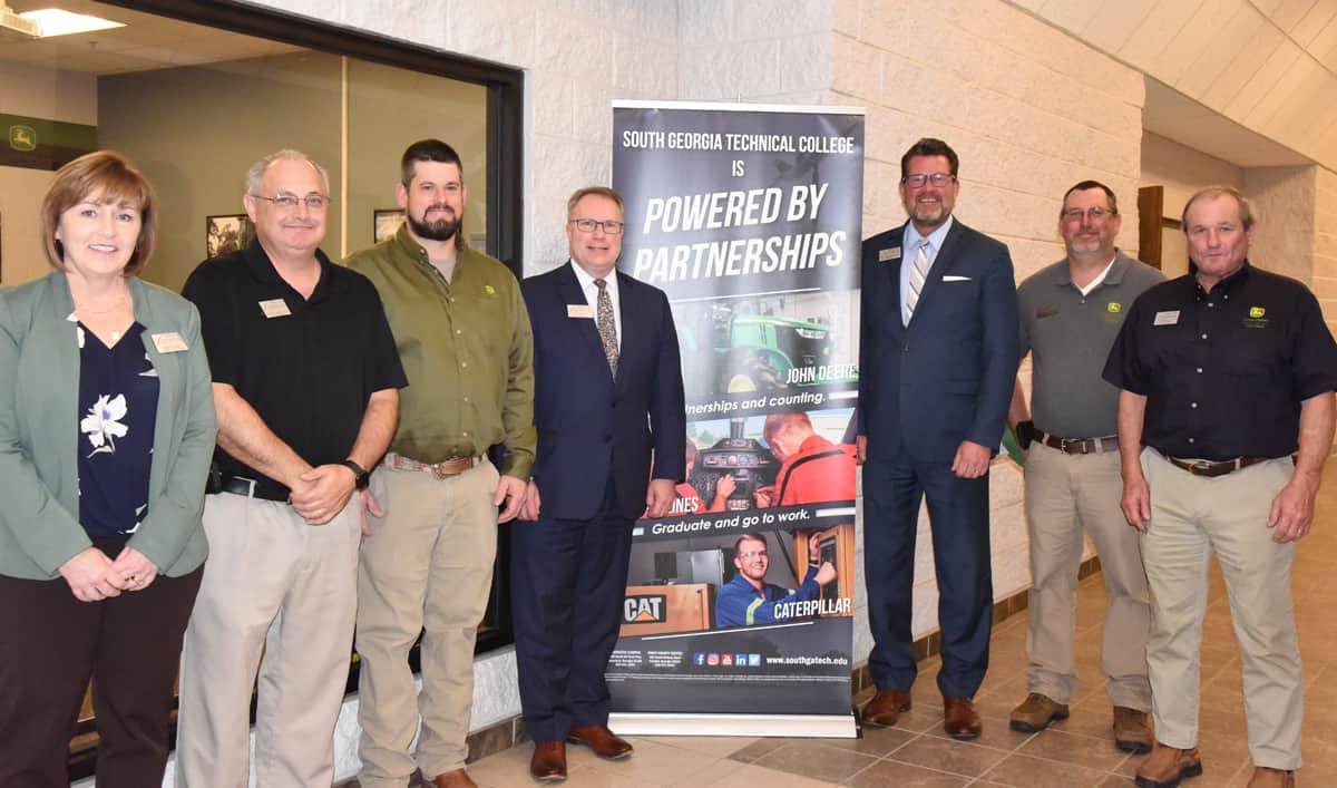South Georgia Technical College President Dr. John Watford (third from left) is shown above (l to r) with SGTC Industry Partner Coordinator Tami Blount, SGTC Academic Dean David Finley, John Deere Service Development Manager Jason Kinzey, SGTC Vice President of Academic Affairs David Kuipers, and SGTC John Deere Tech Instructors Matthew Burks and Wayne Peck.