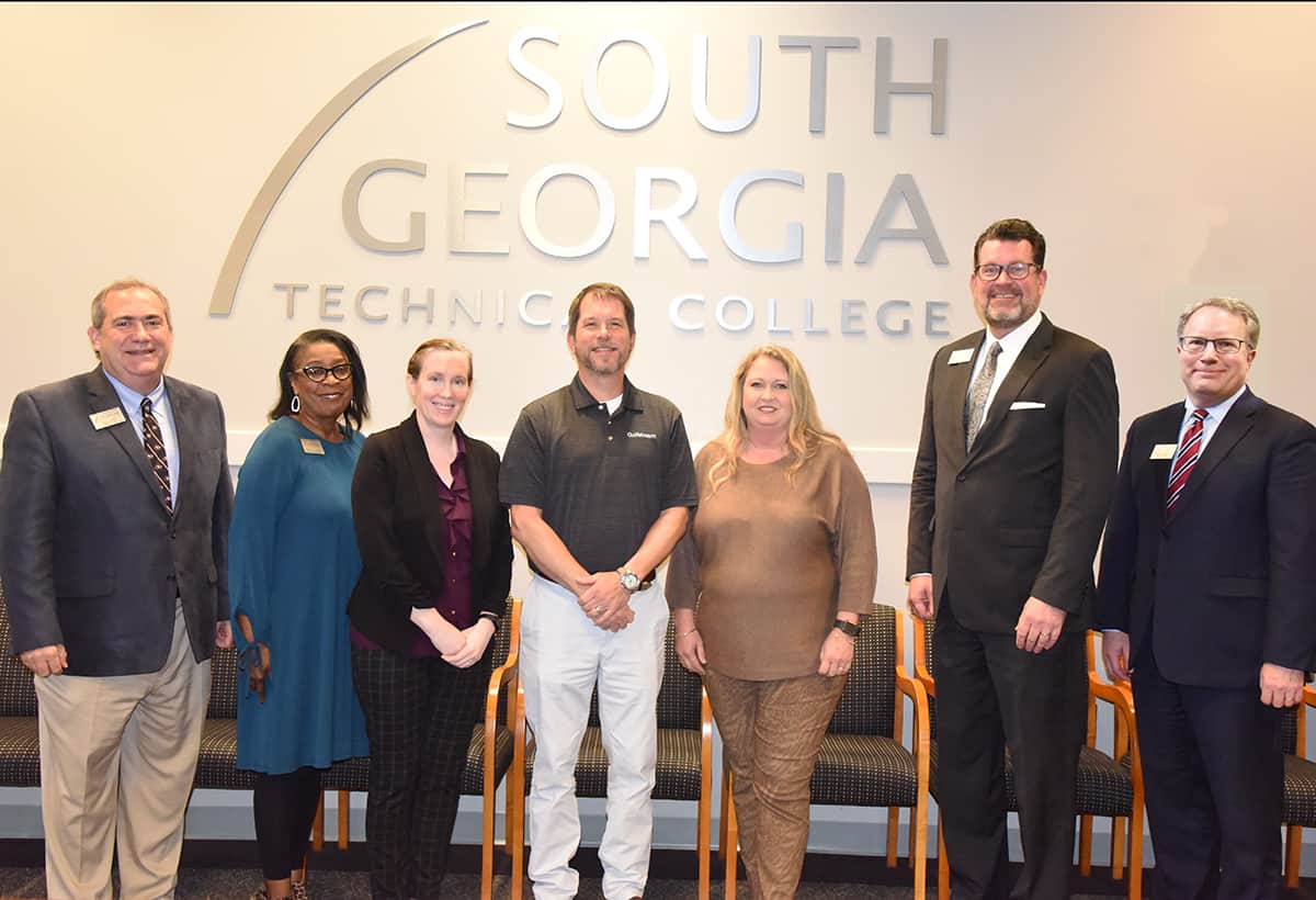 South Georgia Technical College President Dr. John Watford (shown second from right) is shown above with (l to r) SGTC Director of Business and Industry Services Paul Farr, SGTC Director of Career Services Cynthia Carter, Gulfstream’s Kristi Kim, Scott Carver, and Becky Elliott, and SGTC Vice President of Academic Affairs David Kuipers. Not shown is SGTC Vice President of Institutional Advancement Su Ann Bird.