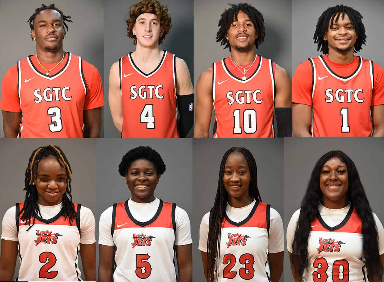 Shown above on the top row are the SGTC Jets and Lady Jets sophomores who earned individual recognition this week in the NJCAA rankings. Shown (l to r) on the top row are Jalen Reynolds (3), Will Johnston (4), Marvin McGhee, III, (10), and Malik Battle (1).Maikya Simmons (2), Alexia Dizeko (5), Fanta Gassama (23) and Kamya Hollingshed (30) are shown on the bottom row (l to r).