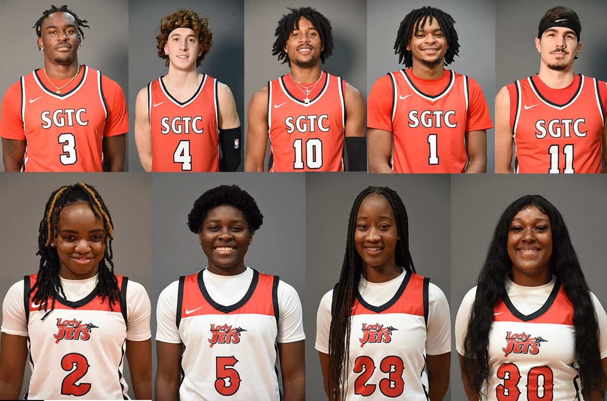 Shown above on the top row are the SGTC Jets and Lady Jets sophomores who earned individual recognition this week in the NJCAA rankings. Shown (l to r) on the top row are Jalen Reynolds (3), Will Johnston (4), Marvin McGhee, III, (10), Malik Battle (1) and Matija Millivojevic (11). Maikya Simmons (2), Alexia Dizeko (5), Fanta Gassama (23) and Kamya Hollingshed (30) are shown on the bottom row (l to r).