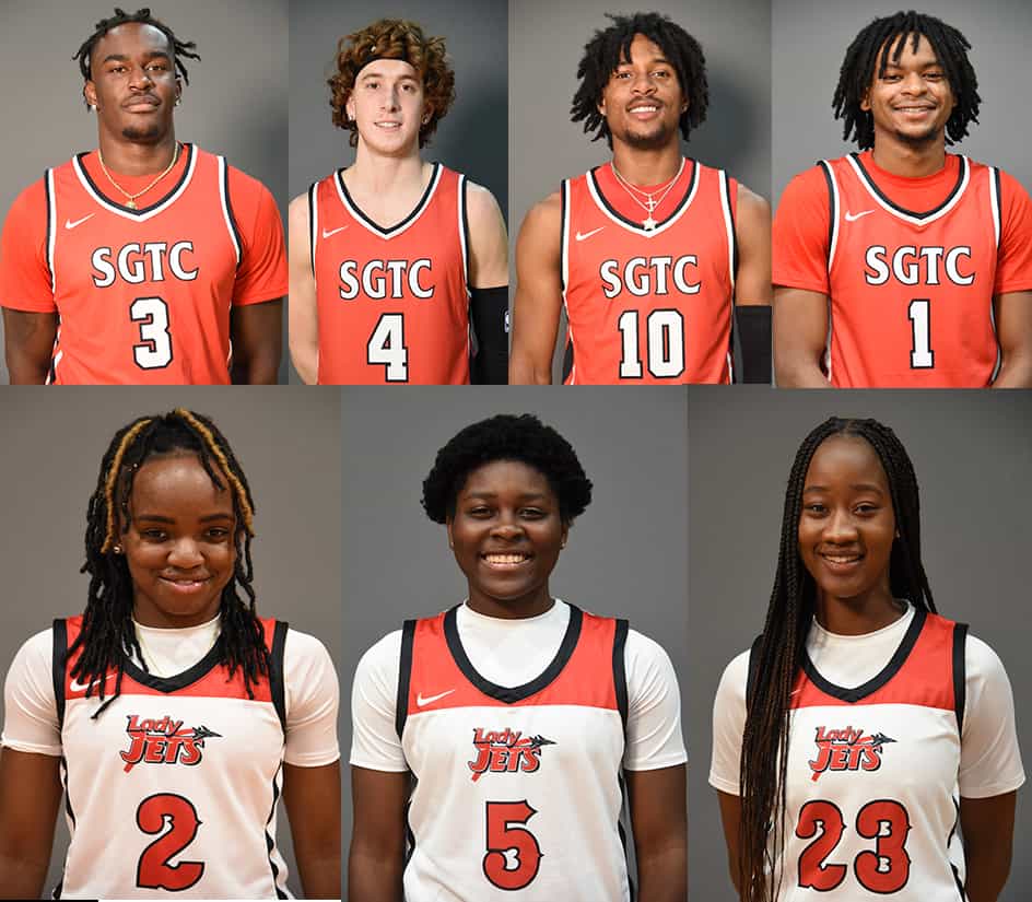 Shown above are the SGTC Jets and Lady Jets who earned individual recognition this week in the NJCAA rankings. Shown (l to r) on the top row are Jalen Reynolds (3), Will Johnston (4), Marvin McGhee, III, (10), and Malik Battle (1). Maikya Simmons (2), Alexia Dizeko (5), and Fanta Gassama (23) are shown on the bottom row (l to r).