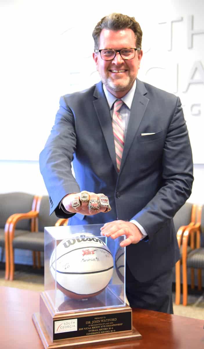 South Georgia Technical College President Dr. John Watford is shown above with five of the GCAA championship rings won by the Jets during his years as President. South Georgia Technical College is recognizing the 20th anniversary of Jets intercollegiate basketball during the SGTC Sophomore and Alumni Day set for February 5th in the Hangar on the SGTC Americus campus. All alumni, students, faculty and staff, and retirees are urged to come out and enjoy the festivities.