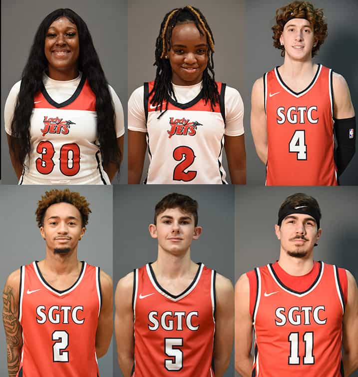 Shown above are the six South Georgia Technical College Sophomore basketball players who were named to the GCAA All-Academic team for 2020-2021. They are: Kamya Hollingshed, 30, Maikya Simmons, 2, and Will Johnston, 4, on the top row and Justice Hayes, 2, Kallin Fonseca, 5, and Matija Millivojevic, 11.