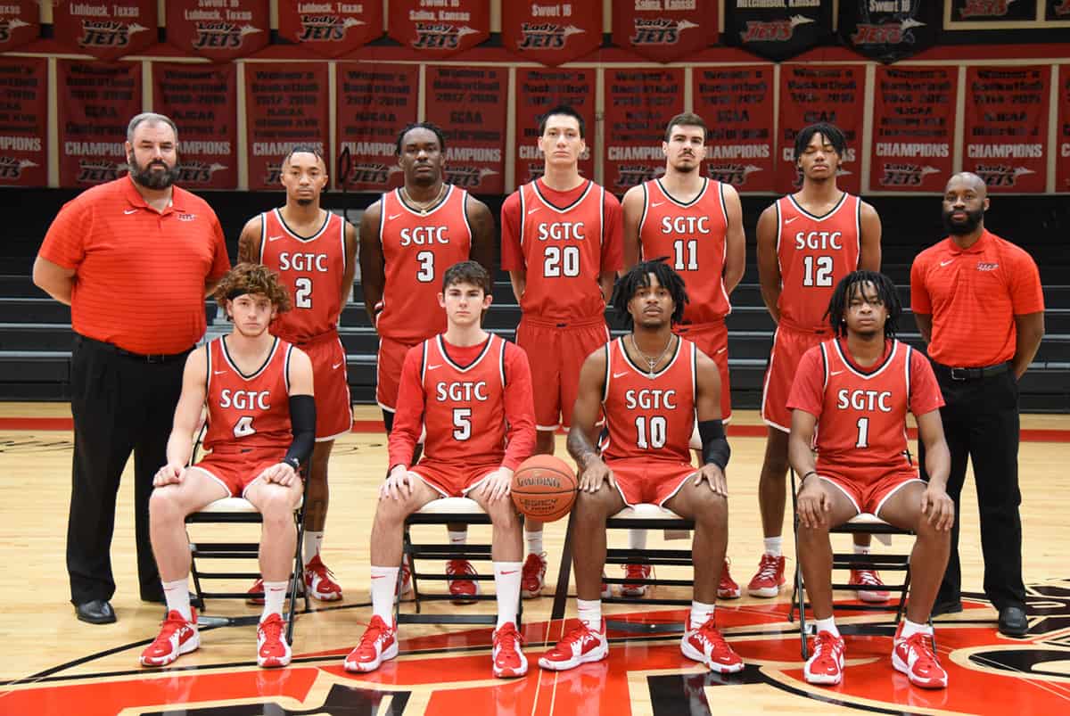 SGTC 2021 – 2022 Jets are national tournament bound. Shown on the front row are: Will Johnston (4), Kallin Fonseca (5), Marvin McGhee (10), and Malik Battle (1). Standing (l to r) are: head coach Chris Ballauer, Justice Hayes (2), Jalen Reynolds (3), Nathan Wilson (20), Matija Milivojevic (11), and Bryce Turner (12), along with assistant coach Jaren Harris.