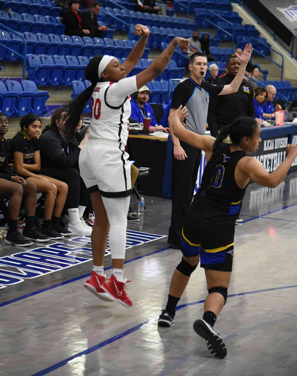 Kamya Hollingshed (30) was one of the leading scorers for the Lady Jets in the record setting 77 – 26 victory over Monroe College in the first round of the NJCAA Division I Women’s Basketball tournament.