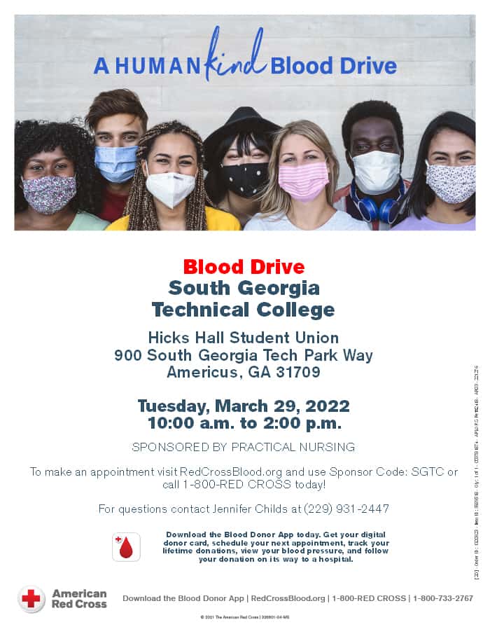 South Georgia Technical College in Americus will host a blood drive on March 29.