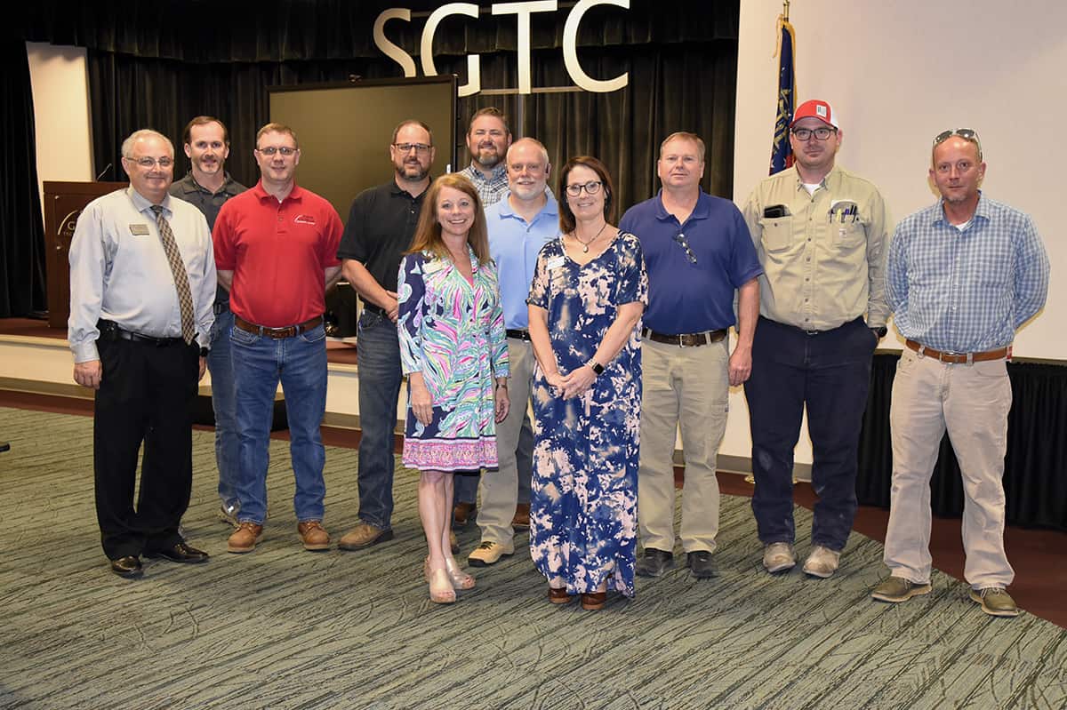 Members of SGTC staff and the Industrial Programs Advisory Council (l-r): Dr. David Finley, Academic Dean; Josh Strange, RAMTEC; Brad Aldridge, Welding Instructor; Ted Eschmann, Weldin Instructor; Nancy Fitzgerald, Grants Coordinator; Chad Brown, Precision Machining Instructor; Brian White, Southern Company; Betty Suggs, Ignite Academy; Mike Collins, Electronic Instructor; Michael Jakulski, Imerys; Patrick Owen Industrial/Electrical Systems Instructor.