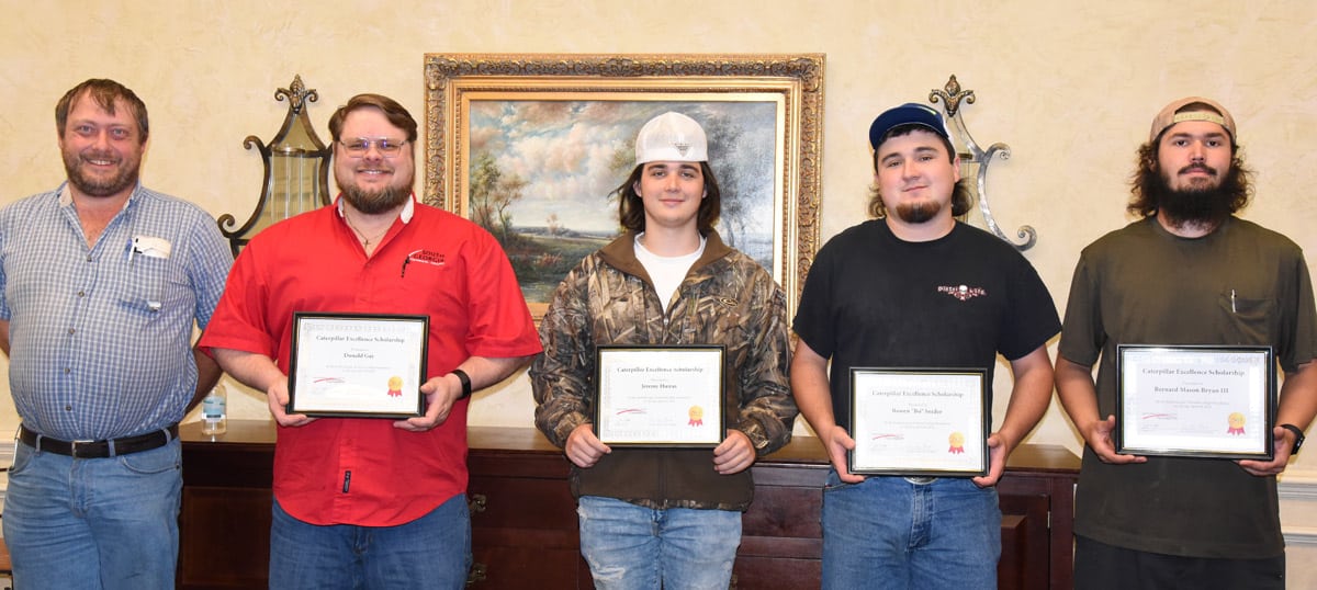 South Georgia Technical College Diesel Technology instructor Chase Shannon is shown above with the SGTC Foundation’s four Caterpillar Excellence Scholarship winners. They are Donald A. Gay and Jeremy Huiras of Leesburg, Bo J. Snider of Mitchell, GA and Bernard M. Bryan, III of Buena Vista, GA.