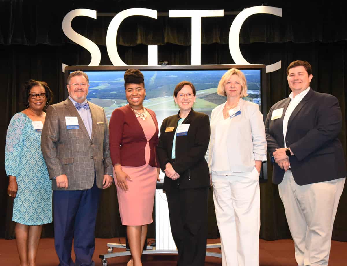 Presenters at Chamber State of Small Business Breakfast at SGTC - Shown above (l to r) are the presenters at the Sumter County Chamber State of Small Business Breakfast. They are: SGTC Director of Career Services Cynthia Carter, Ignite College and Career Academy CEO Dr. Don Gilliam, Sumter County Chamber of Commerce President and CEO Amber Batchelor, GSW Director of Experiential Learning Dr. Judy Orton Grissett, Entrepreneur Outreach Specialist from the University of Georgia’s Small Development Centers in Albany and Valdosta Lisa Love, and Small Business Sponsor Jimmy Whaley of Whaley Realty, Inc.