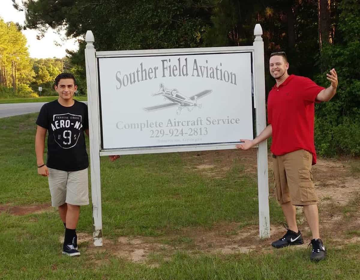 South Georgia Technical College aviation maintenance alumnus Dale Deno (right) is shown above with his son Carlos (left) who will be attending SGTC in the aviation maintenance program this fall. They are shown by the Souther Field Aviation sign in Americus where Dale worked while he was in college and worked full-time after graduation.