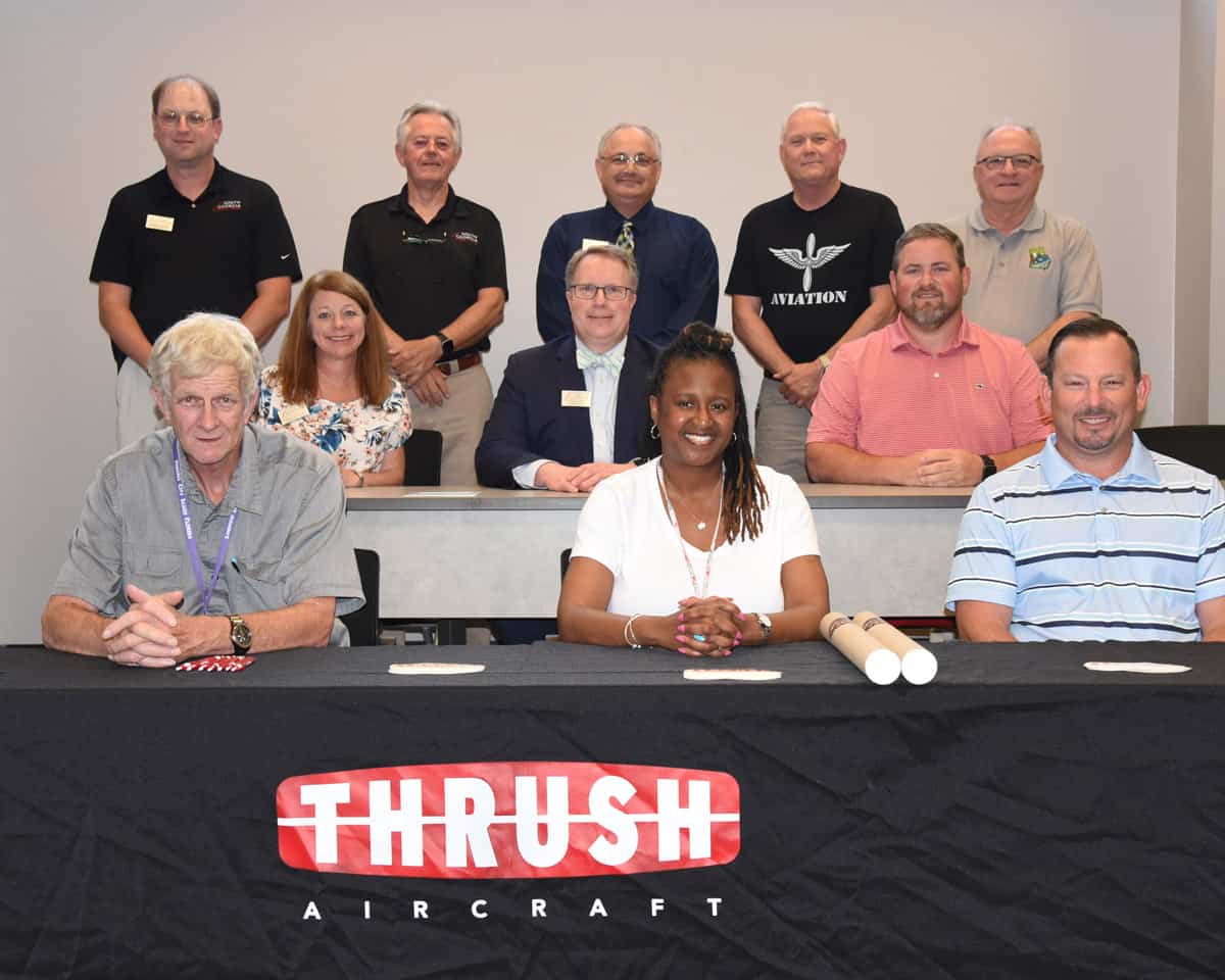 Thrush officials Charles Russell, Jr., Kimberly Taylor, and Steven Jocelyn are shown above (seated front row) with SGTC officials Nancy Fitzgerald, Vice President of Academic Affairs David Kuipers, and Chad Brown, Precision and Machining Instructor (second row) and then Aircraft Structural Instructor Jason Wisham along with SGTC Aviation Maintenance instructor Paul Larkin, Academic Dean Dr. David Finley, and Aviation Maintenance Instructors David Grant and Charles Christmas.