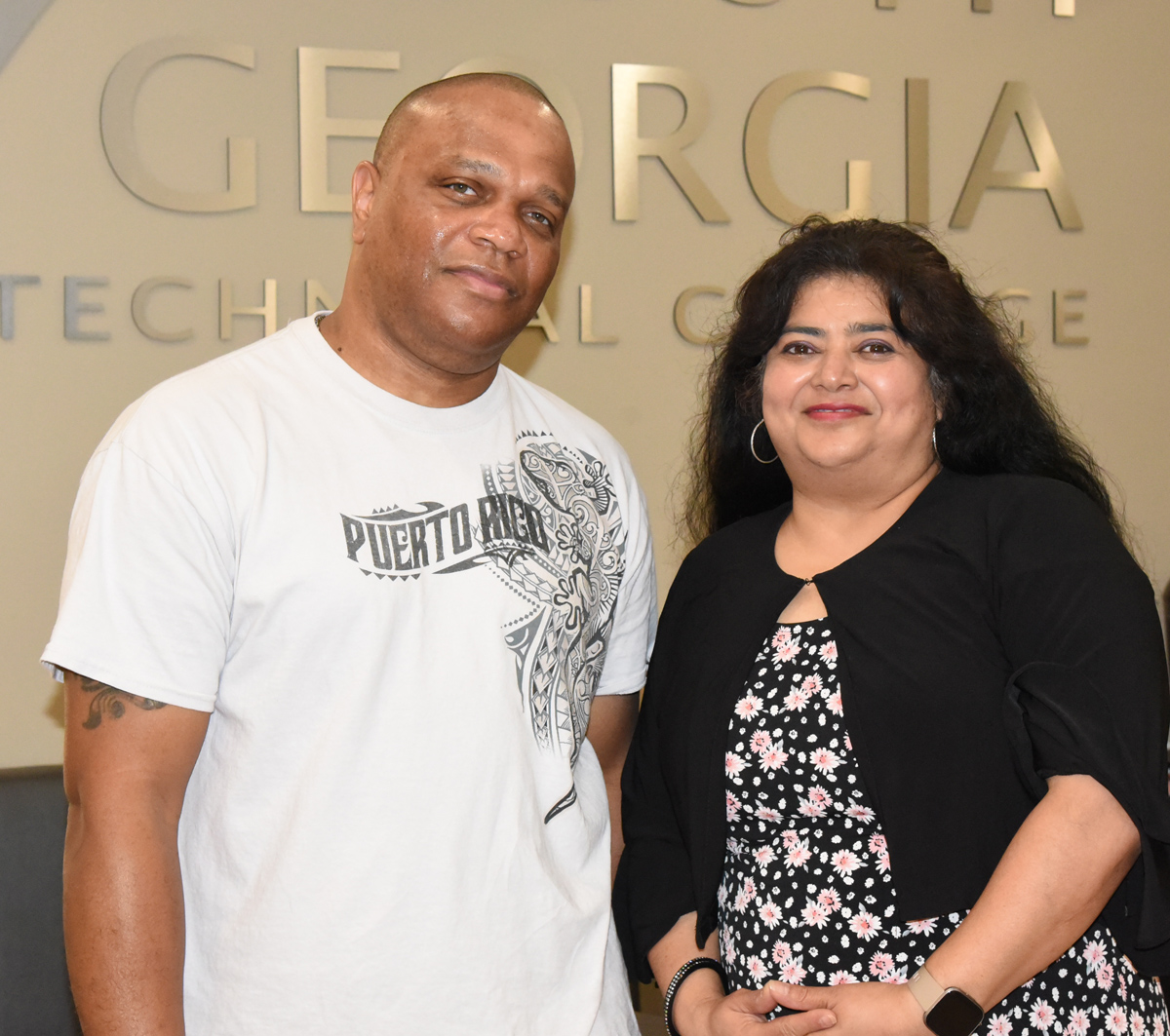 SGTC WIOA Coordinator Sandhya Muljibhai (right) is shown above with Brian Ogletree, a 2017 nursing graduate who returned to campus to thank South Georgia Technical College and the WIOA office for their support.