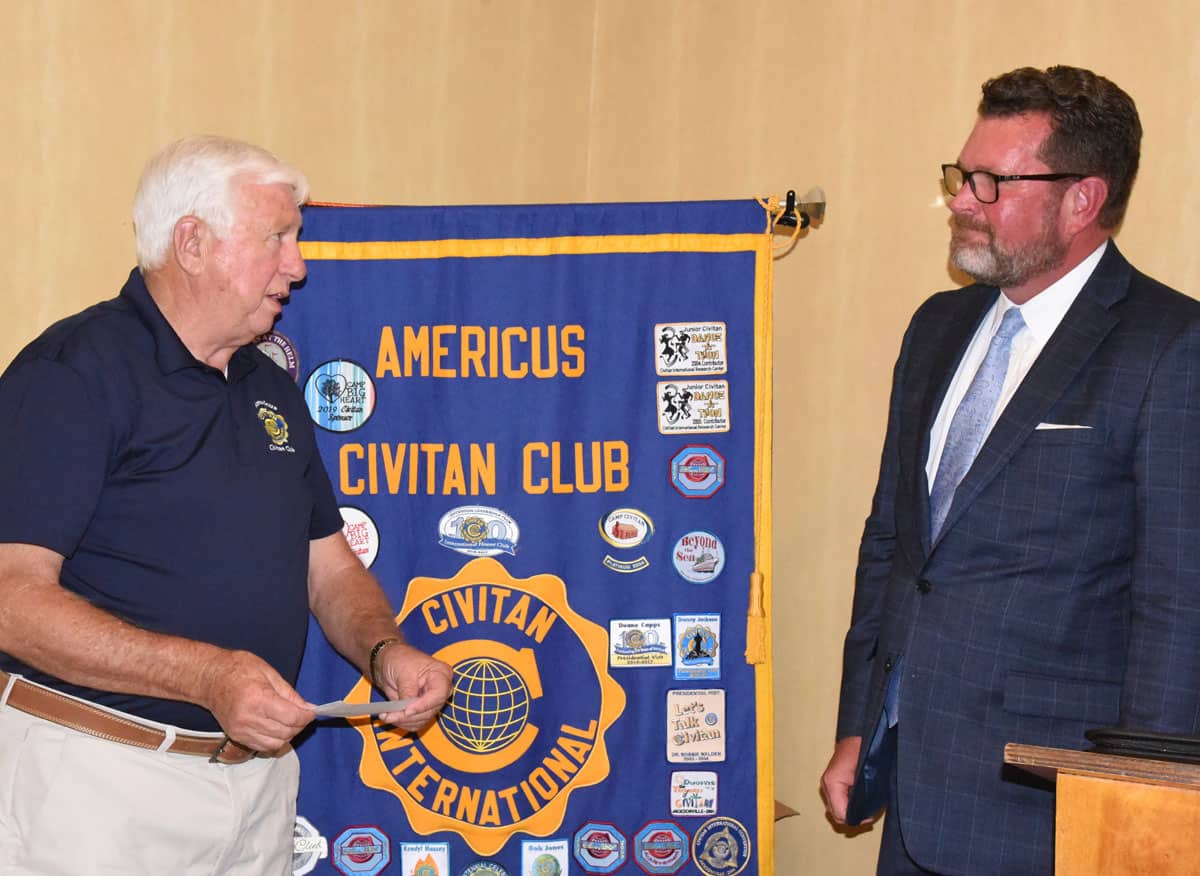 Americus Civitan Club Secretary Grant Williams (left) is shown above presenting a check to South Georgia Technical College President Dr. John Watford (right) for the Americus Civitan Club’s endowed scholarship for nursing students at South Georgia Technical College.