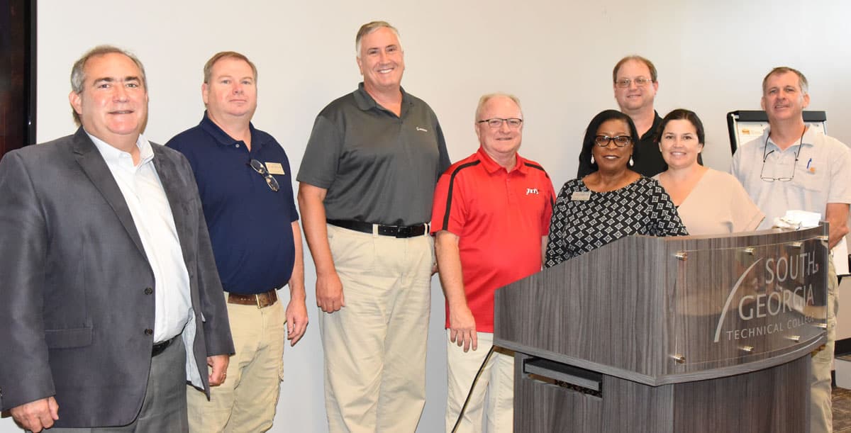 South Georgia Technical College Director of Business and Industry Services on the Americus campus Paul Farr is shown above with SGTC Electronics Instructor Mike Collins, Pete Wessell of Boeing, SGTC Aviation Maintenance Instructor Charles Christmas, Director of Career Services Cynthia Carter, Aircraft Structural Instructor Jason Wisham, and Aviation Maintenance Instructors Victoria Herron and Paul Pearson.