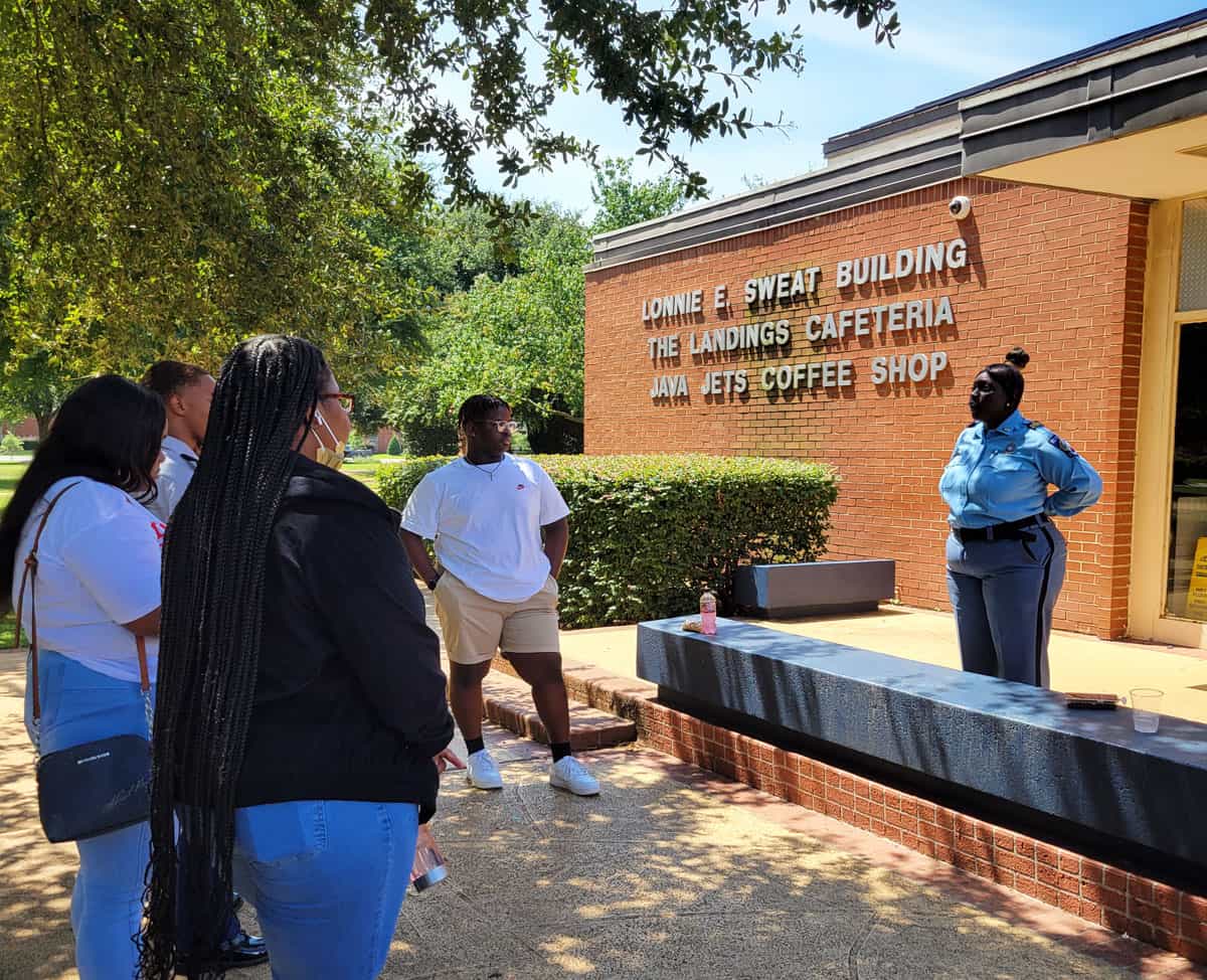 Lt. Sims is shown above talking with South Georgia Technical College dual enrollment Criminal Justice students from Sumter County High School in front of the SGTC cafeteria