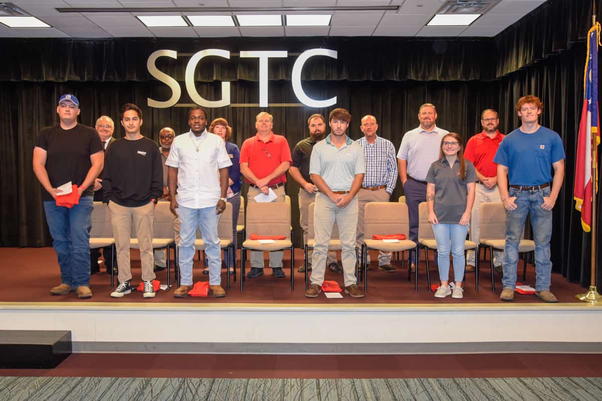Nominees for SGTC’s Student of Excellence Award for September were (front row, L-R) Robert Spikes, Phillip Mura, Dexter Green, Hunter Martin, Charlie Collins, Kelli Rees and Jayden Pennington. Back row (L-R): Academic Dean Dr. David Finley and nominating instructors Johnny Griffin, Kristie Hudson, Mike Collins, Brandon Gross, Patrick Owen, Chad Brown, and Ted Eschmann. Not pictured are nominees Hunter Martin and Joseph Jolly.