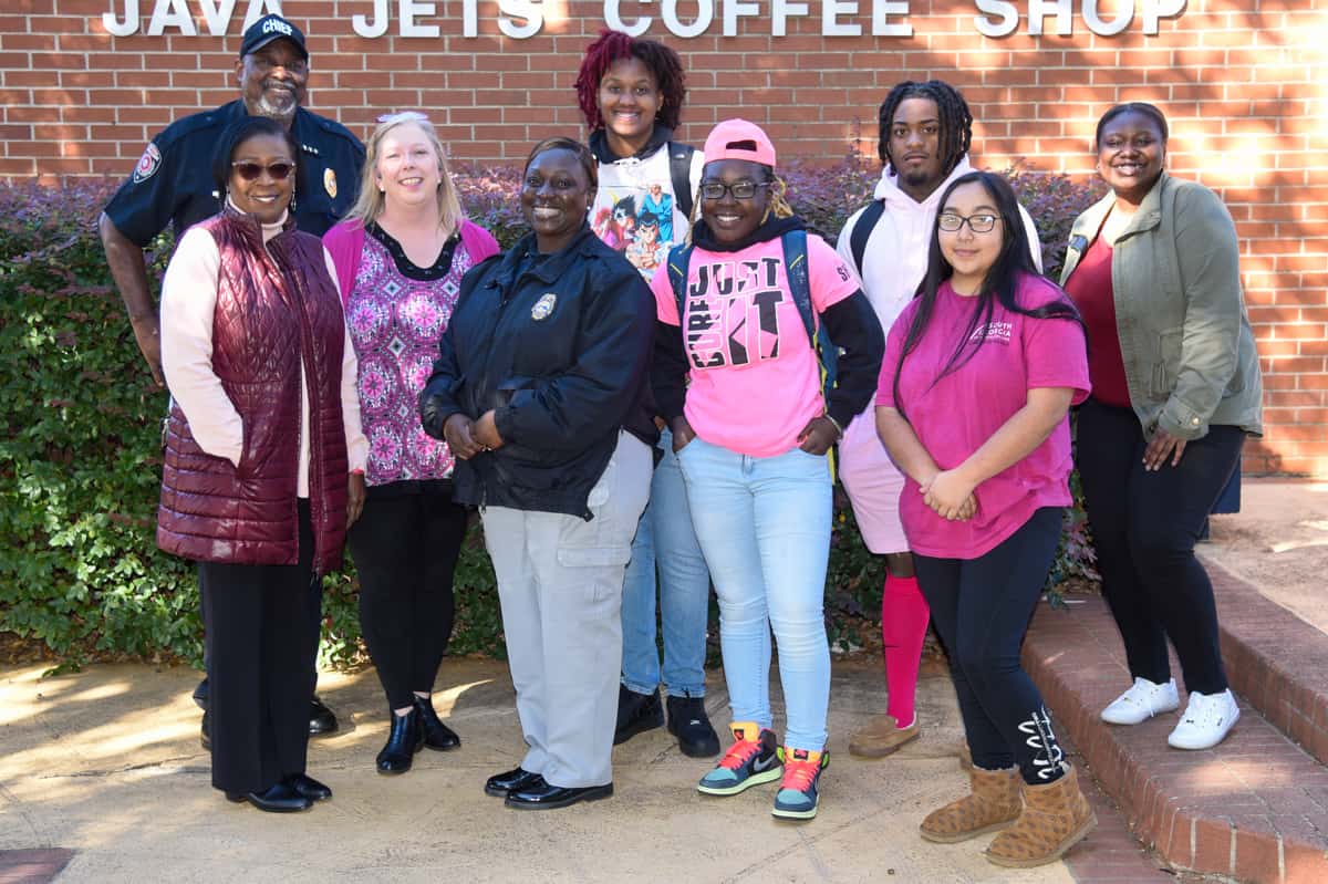 Pictured at a recent on-campus recruiting event by the Georgia Department of Corrections/Macon State Prison are (back row, l-r): SGTC Police Chief Sammy Stone; criminal justice students Cania Dawson and Donovan Hill; Macon State Prison Human Resources Technician Shania Gaston; (front row l-r) SGTC Director of Career Services Cynthia Carter; Criminal Justice instructor Teresa McCook; Lt. Ferisa Sims of Macon State Prison; and criminal justice students Traneisha Burns and Mariticia Garcia.