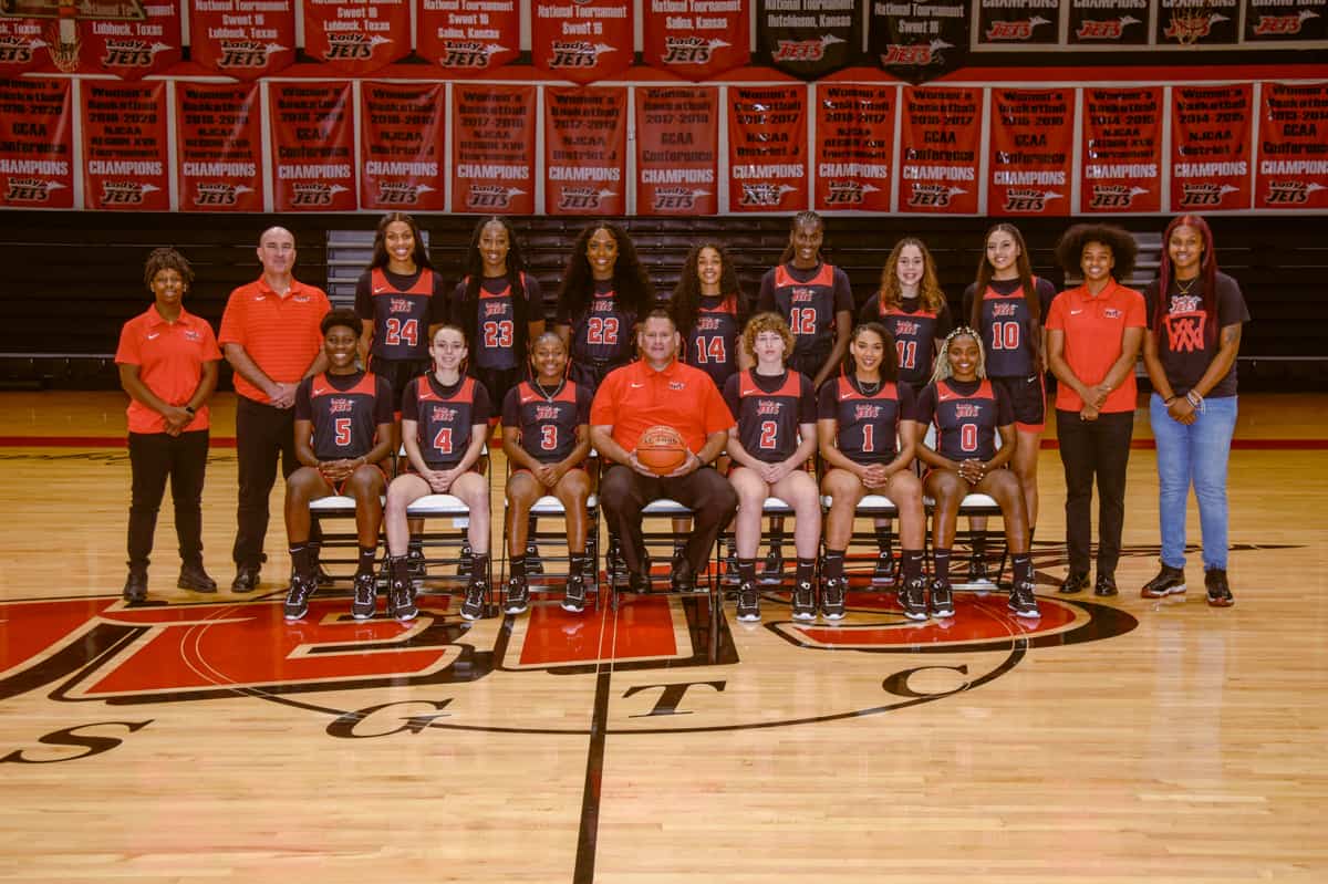 The Lady Jets ranked 5th in pre-season poll and will play a scrimmage game against Albany State University on October 25th in the Hangar at 6 p.m. on the SGTC Americus campus. In the photo (seated l to r) are: Alexia Dizeko, 5; Veronika Palfi, 4; De’Nae Williams, 3; head coach James Frey; Loes Rozing, 2; Luana Leite, 1; and Isabel de Souza Buena, 0. Standing (l to r) are assistant coach Olivia Melvin, Athletic Trainer, Brian Davis, Camryn James, 24; Fanta Gassama, 23; Maeve Fotsa Fofou, 22; Laurie Calixte, 14; Mame Thiaw, 12; Vera Gunaydin, 11; Susana Yepes, 10; assistant coach Ricka Jackson; and Manager Cania Dawson.