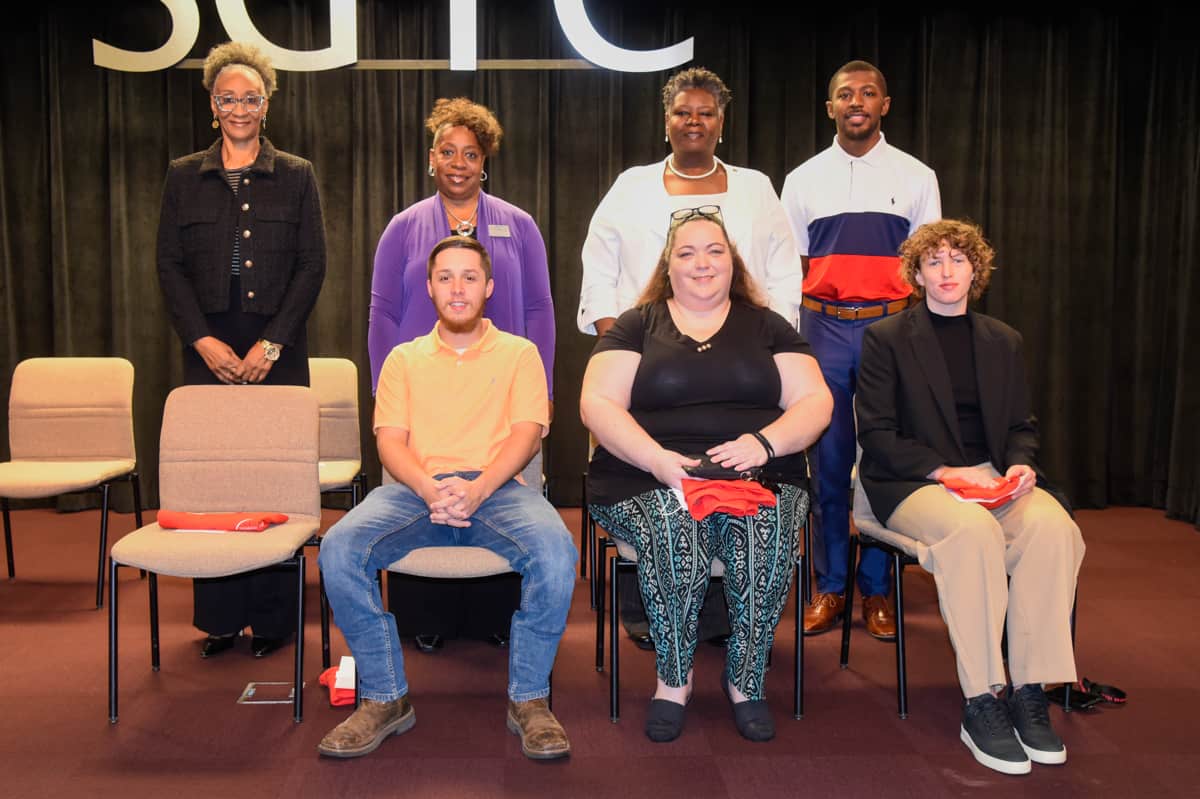 Seated (l-r) are SGTC Student of Excellence nominees Devin Daniels, Crystal Bullard, and Loes Rozing. Standing (l-r) are instructors Brenda Boone, Veronda Cladd, Mary Cross, and Karim Mawuenyega. Not pictured is nominee April Beamon.