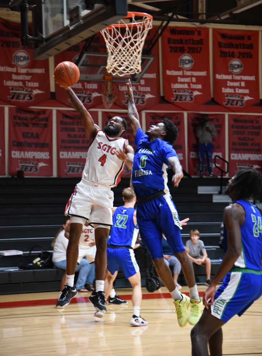 Sophomore guard Aaron Pits, 4, led the Jets in scoring with 19 points against Eastern Florida.