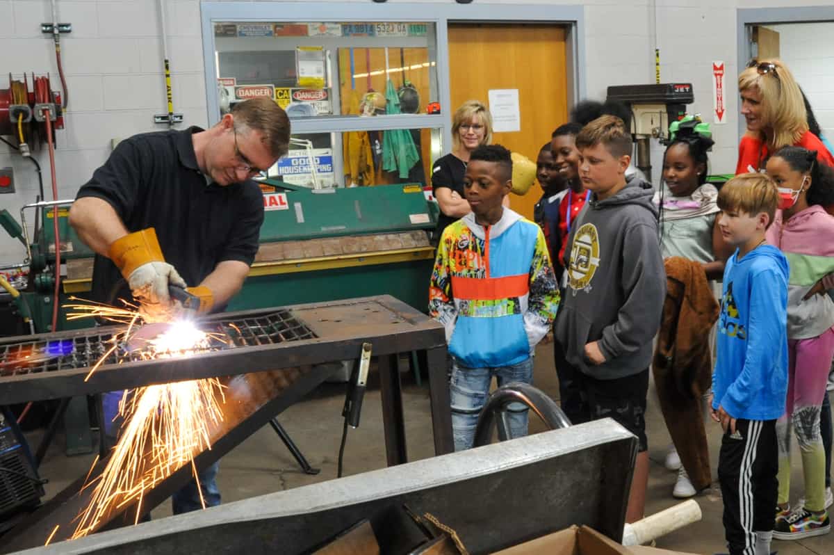 Students from Crisp County Elementary School watch a demonstration from SGTC welding instructor Brad Aldridge during the recent STEM Days event at SGTC’s Crisp County Center.