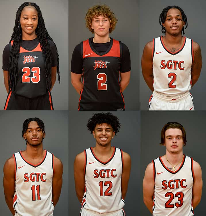 Six Jets were ranked nationally for their individual performances in the NJCAA Division I polls this week. Shown above are: Lady Jets Fanta Gassama (23), Loes Rozing (2) and Jets Semaj Henderson (2), Bryce Turner (11), Deonte Williams (12), and Justin Evans (23).