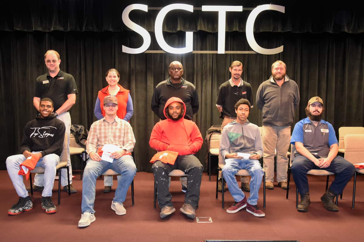 Pictured are nominees for SGTC’s Student of Excellence Award for November (front row, L-R) Darius Collier, Logan Mullins, Brandon Ross, Kadarius Idlette, and Bernard Mason Bryan III. Nominating instructors (standing, L-R) included Jason Wisham, Victoria Herron, Starlyn Sampson, Brandon Dean, and Chase Shannon. Not pictured are nominee Garrett Whitson and instructor Kevin Beaver.