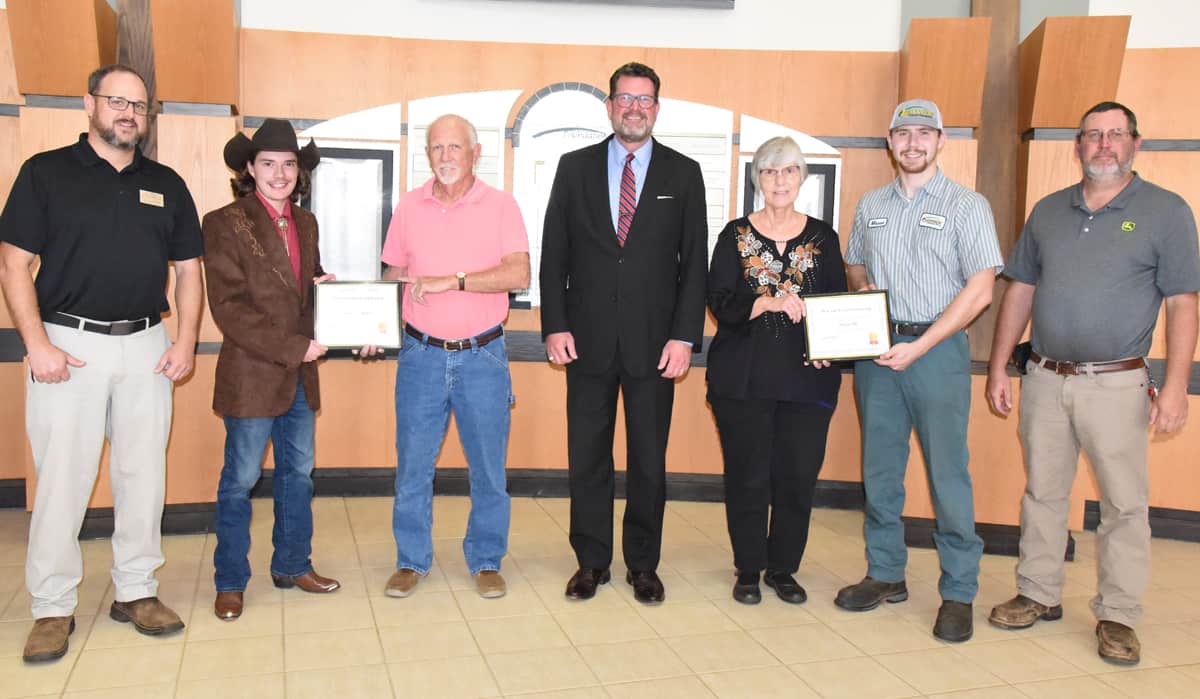 South Georgia Technical College President Dr. John Watford (center) is shown above with Jake and Margie Everett and the new recipients of the Rose Ann Everett Scholarships. Shown (l to r) are SGTC Welding Instructor Ted Eschmann, Rose Ann Everett Scholarship winner and welding student Sebastian Shattles, Jake Everett, President Watford, Margie Everett with SGTC John Deere Tech student and Rose Ann Everett scholarship winner Mason Dill with his John Deere Tech instructor Matthew Burks.