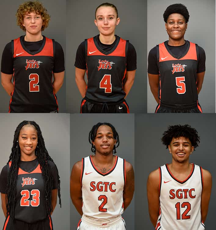 Shown above are the six Lady Jets and Jets players that are listed nationally for their individual accomplishments this season. Shown on the top row are: Lady Jets Loes Rozing, 2, Veronika Palfi, 4, and Alexia Dizeko, 5. On the bottom row Fanta Gassama, 23, Samaj Henderson, 2, and Deonte Williams, 12.