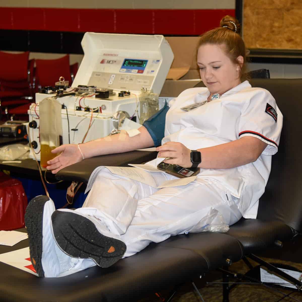 SGTC nursing student Kagen Leigh Mathis donates blood during a recent American Red Cross Blood Drive on the SGTC campus in Americus.