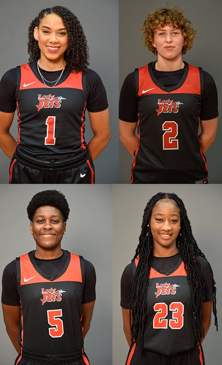 Shown above are the four Lady Jets that are listed nationally for their individual accomplishments this season. Shown on the top row are: Lady Jets Luanna Leite, 1, and Loes Rozing, 2, On the bottom row are Alexia Dizeko, 5, and Fanta Gassama, 23.