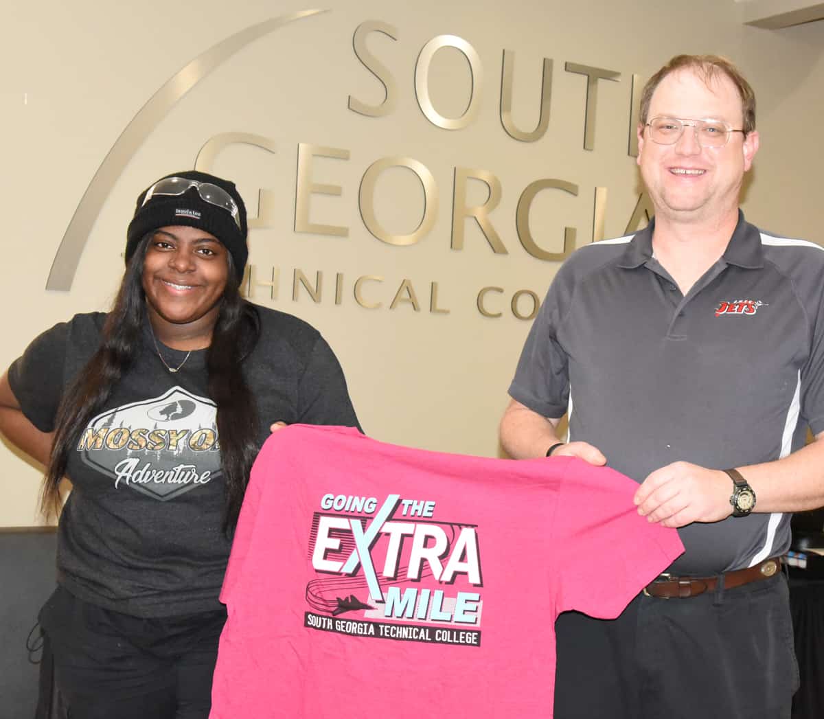 Jason Wisham is shown above with SGTC Aircraft Structural Technology graduate Makalya McCants who is still going the extra mile even after graduating from South Georgia Tech.